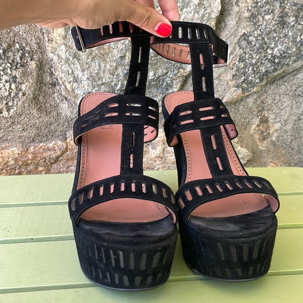 Alaia Black Suede Laser-Cut Wedge Sandals